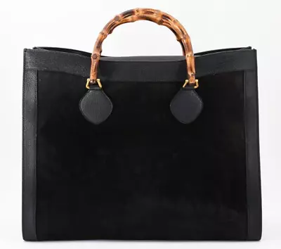 Vintage GUCCI [Rank AB] Diana XL Size Tote Hand Bag Purse Black Suede Bamboo • $510.03