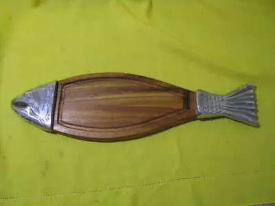 Vtg Salmon Fish Aluminum & Mahogany/teak? Charcuterie Cheese Meat Cutting Board • $24