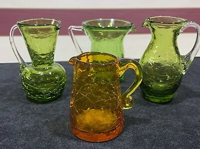 4 Vintage Handblown CRACKLE GLASS Miniature PITCHERS Applied Handles Pontil. • $16.58