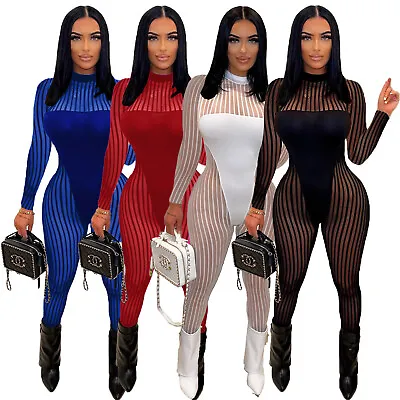 Women New Fashion Mesh Striped Patchwork Long Sleeves Solid Skinny Club Jumpsuit • £25.06