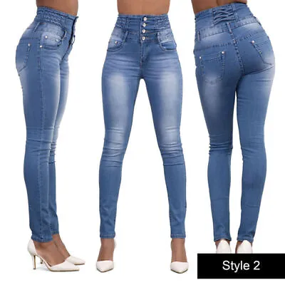 Womens Sexy Denim Jeans Pencil Pants High Waist Button Stretchy Skinny Jeggings • £17.99