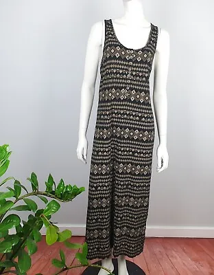 Quirky Circus Size 12 Long Maxi Dress Black Gold Geometric Sleeveless Round Neck • $24.95