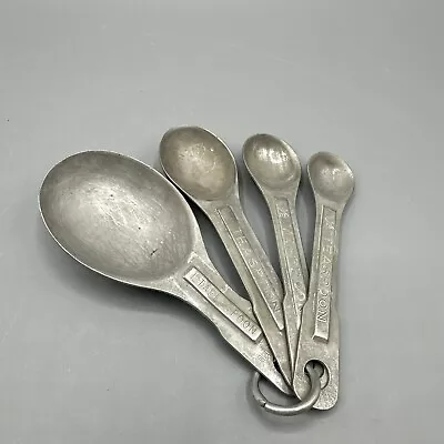 Vintage Aluminum Measuring Spoons Oval Nesting Ring US Standard Silver Set/4 • $9.99