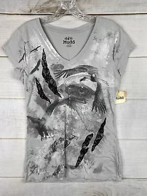 MUDD T Shirt Womens Jr Sz L Gray Eagle V Neck Short Sleeve Stretch Pullover NWT • $17.14