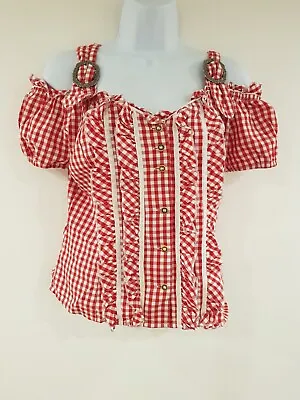 Vintage Shirt Red White Gingham Oktoberfest German Austrian Size 12 Off Shoulder • £26.99