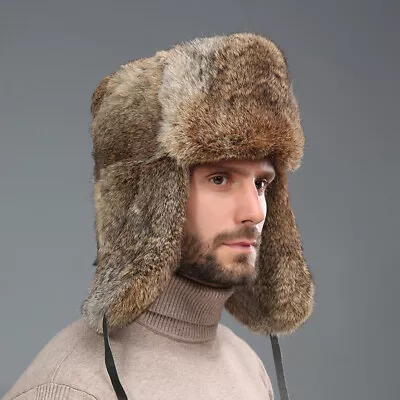 Mens Winter Real Genuine Rabbit Fur Hat Russia Trapper Earflap Ski Cap Ushanka • £26.35