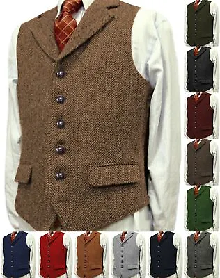 Business Mens Herringbone Vest Tweed Waistcoats Vintage Retro Notch Lapel Travel • $39.59