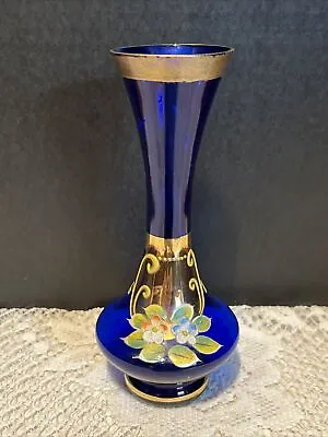 Vintage Cobalt Blue Gold Hand-Painted Floral Bohemian Venetian Glass Bud Vase 7” • $19.99