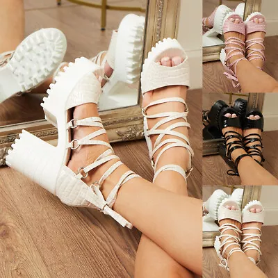 Ladies Women Summer Croc Patent Chunky Platform Heeled Open Toe Lace Up Sandals • £16.99