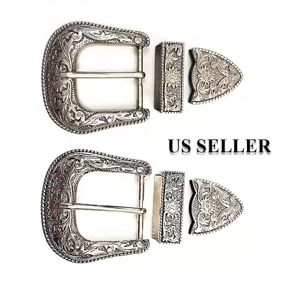 Silver Western Floral Engraved Cowboy Belt Buckle Three Piece Set Unisex 1-1/2  • $12.88