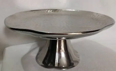Silvertone Metal Pedestal Cake Stand With Hammered Surface 10  Diameter Footed • $26.99