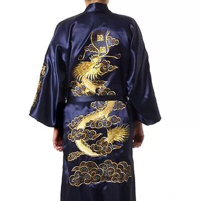 Navy Blue Chinese Men's Satin Silk Robe Embroidery Kimono Bath Gown Dragon • $44.91