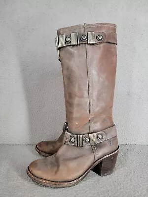 Women's Frye Boots 7.5b Leather Tall Riding Strappy Studded Boho Motorcycle  • $59.99