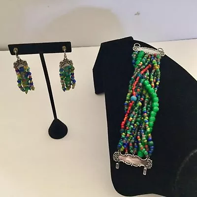 T. Foree Multi Strand Glass Bead Bracelet Luggage Tag Clasp W/ Matching Earrings • $279.99