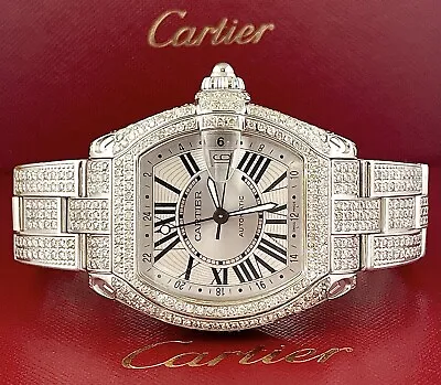 $9999 • Buy Cartier Roadster GMT XL 42mm Men's Steel Watch Iced 10ct Diamonds Roman Ref 2722