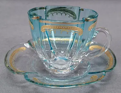 Bohemian Moser Type Raised & Beaded Gold Blue Lobed Glass Demitasse Cup & Saucer • $195