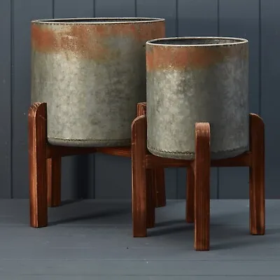 Metal Rustic Indoor Plant Pots Large Small Planters Heavy On Wooden Stands • £19.95