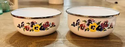 GMI Enamelware Small Metal Storage Mixing 2 Bowls SET PANSIES Flowers Vintage • $25