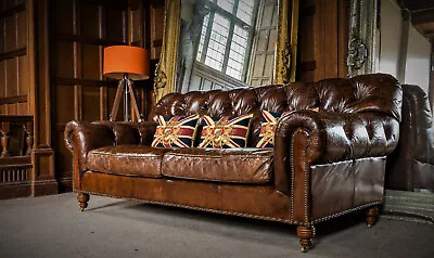 Large Halo Vintage Aged Distressed Heritage Brown Leather Chesterfield Club Sofa • £1750