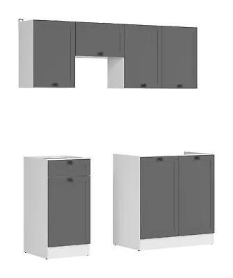 170cm Kitchen 5 Unit Set Wall & Base Complete Cabinets White/Dark Grey Junona • £399.95