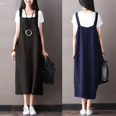 8-24 Women Sleeveless Pocket Pinafore Dungarees A Line Casual Loose Bib Dress • £10.14