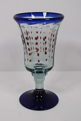 Hand Blown Mexican Glass Wine Goblet Cobalt Blue Rim & Foot W/ Red Dots • $12.99