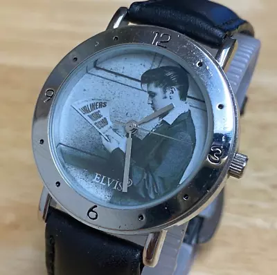 VTG Authentic Elvis Presley Men Silver Tone Leather Analog Quartz Watch~New Batt • $62.99