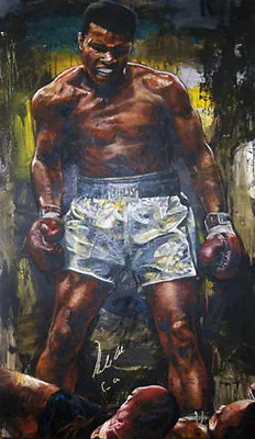 Muhammad Ali  Over Liston Original Oil On Wood Stephen Holland Dual Signed PSA • $40000