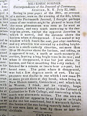 1837 Newspaper With An Early Report Of UFO / Flying Saucers Described As Meteors • $40