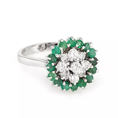 Emerald Diamond Cluster Ring Vintage 14k White Gold Estate Fine Jewelry • $1985