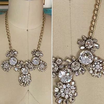 J CREW Statement 20  Necklace Rhinestone Jewelry Chunky Gold Brass Chain Clear • $24