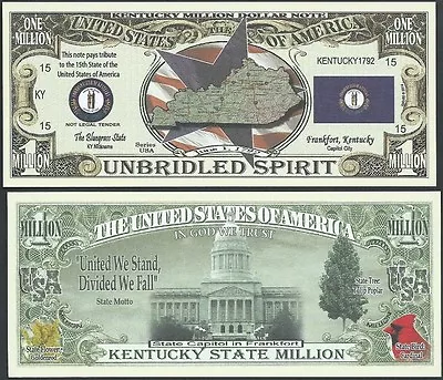 Kentucky State Million Dollar Bill Play Funny Money Novelty Note + FREE SLEEVE • $1.69