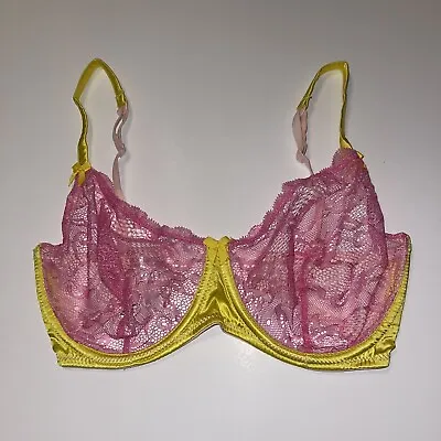 Mimi Holliday Neon Underwire Bra 30FF Pink Lace Cups Yellow Trim Bows Sheer NEW • $35