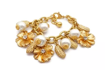 Vintage Charm Bracelet Gold Tone Faux Pearl Rhinestone Flower 7.5  • $22.49