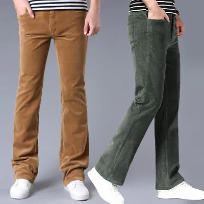 Men 60s 70s Corduroy Bell Bottom Flared Pants Retro Bootcut Trousers Fit Stretch • $37.19