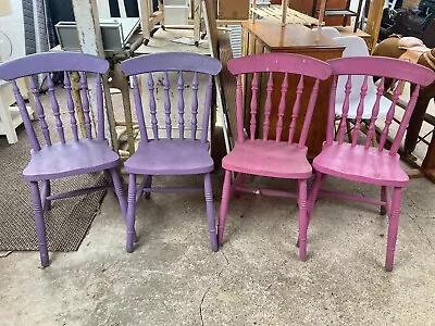 Vintage Solid Wooden Kitchen Dining Chairs X 4 Painted Pink & Purple Project TLC • £94.99