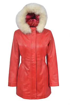 Valentina Ladies Designer Military Real Lambskin Red Leather Fur Hood Coat • $124.33