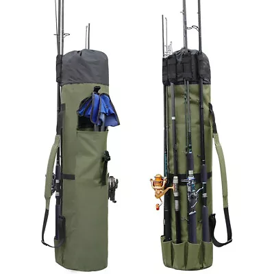 Canvas Fishing Rod & Reel Organizer Bag Travel Carry Case Bag- Holds 5 Poles AU • $42.89