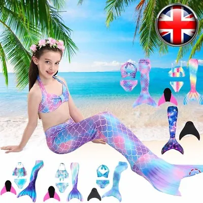 Kid Mermaid Tail With Monofin Swimmable Bikini Set Swimsuit Swimming Costume Set • £11.65