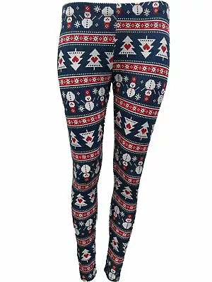 Junior Womens Blue & Red Snowman & Christmas Tree Holiday Leggings Pants • $11.99