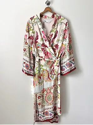 NWT Zara Floral Kimono Robe Wide Sleeves Lined In Satin Fabric Self Tie Sash XS • $29