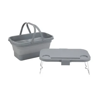 Grey Collapsible Folding Picnic Basket With Table And Handle For Camping Fishing • £11.95