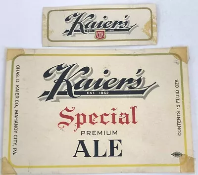 Kaier’s Special Premium Ale Beer Label Mahanoy City Pennsylvania & Neckband • $9.95