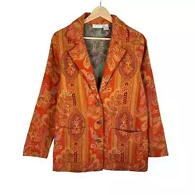 70s Vintage Orange Boho Tapestry Jacket Womens M Blazer Paisley Retro • $40