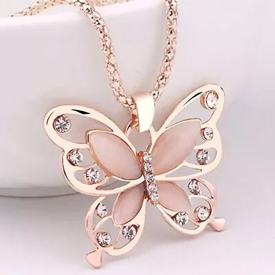 Fashion Women Girls Rose Golden Opal Butterfly Pendant Necklace Sweater Chain • $1.10