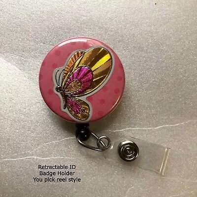FOIL BUTTERFLY On Pink Dot Fun For Spring Summer ~ Retractable ID Badge Reel • $9.38