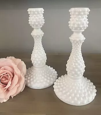 2 Vintage Fenton Milk Glass Hobnail Candle Stick Holder 9  1950's White Pair • $50