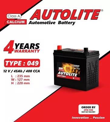 Autolite Car Battery Type 043  049  159  057 45Ah 400cca Sealed  WITH WARRATY   • £43.90