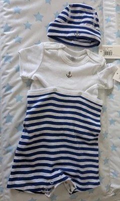 BNWT Petit Bateau Romper Suit And Hat - Combicourt - Stripes / Sailors / Breton • £10
