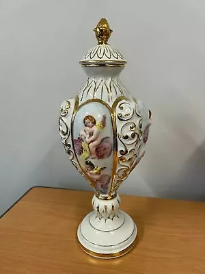 Vintage Italian Keramos Capodimonte Lidded Urn With Raised Cgerubs *Restoration* • £75